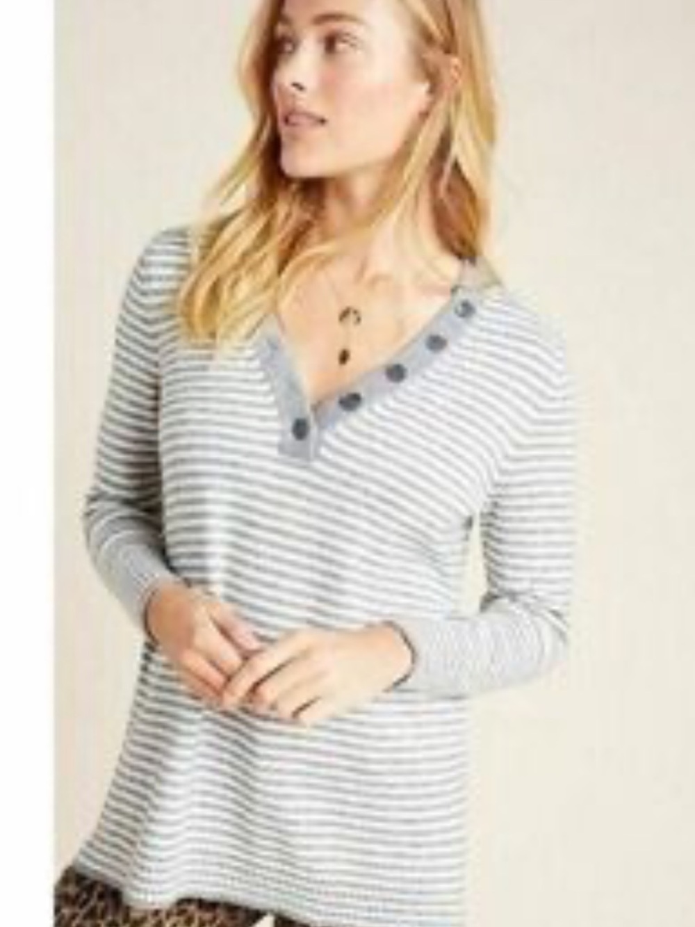 Anthropologie Serena Gray & White Striped V-Neck Henley Style Oversized Sweater